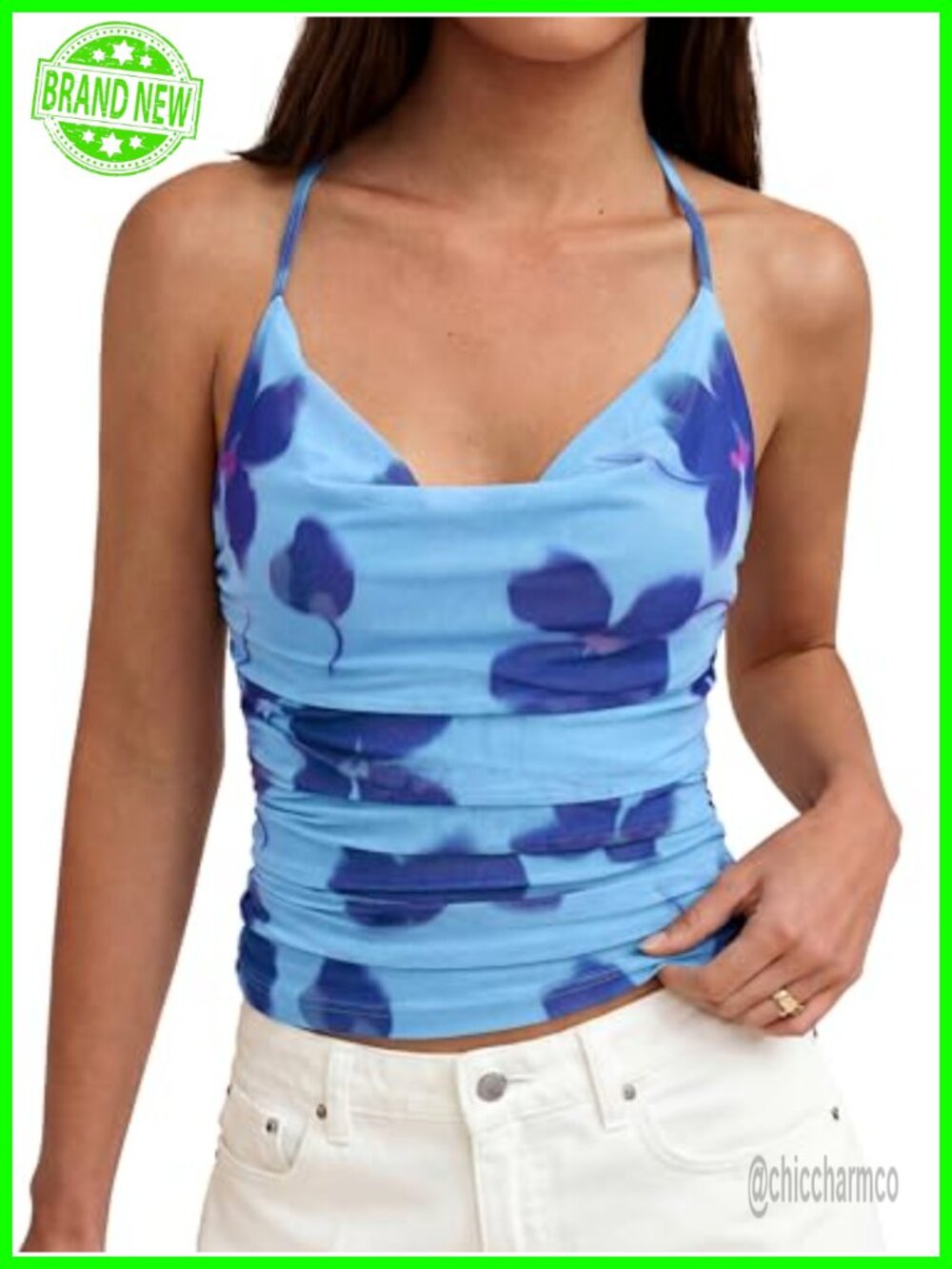 Womens Floral Cowl Neck Halter Top Sleeveless Mesh Backless Y2k Summer